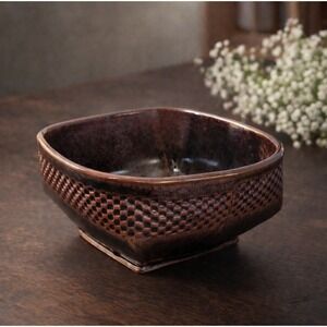 Handmade Stoneware Ceramic Bowl Deep-toned Glaze Brown Patterned Exterior Signed